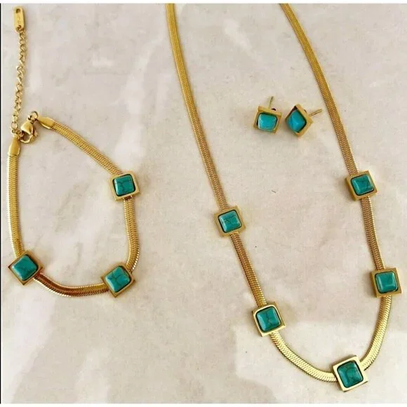 18K Gold Plated herringbone Turquoise Necklace Set Stainless Steel jewelry - Picture 5 of 9